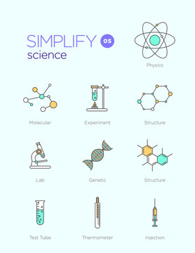 Line icons with flat design elements of science
