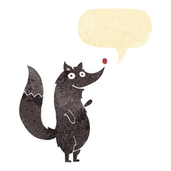 cartoon waving wolf with speech bubble