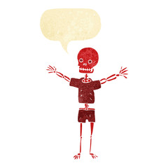 cartoon skeleton in clothes with speech bubble