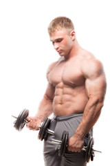Image of muscle man posing in studio. doing bicep curls