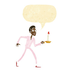 cartoon frightened man walking with candlestick with speech bubb
