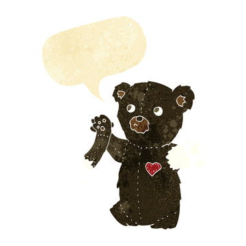 cartoon teddy black bear with torn arm with speech bubble