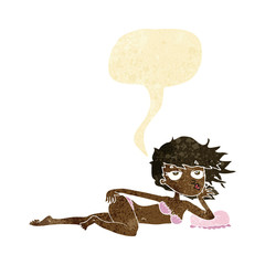 cartoon woman posing in underwear with speech bubble