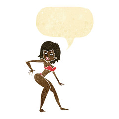 cartoon woman in bikini with speech bubble