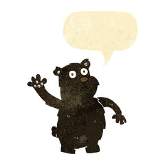 cartoon waving black bear with speech bubble