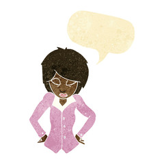 cartoon woman with hands on hips with speech bubble