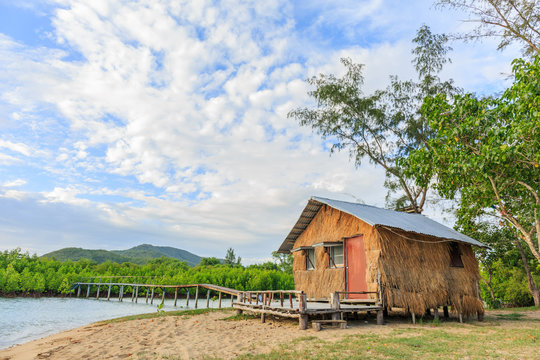 thatched cottage and old bridge in mangrove forest
