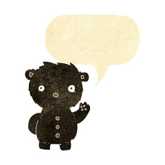cartoon waving black bear with speech bubble