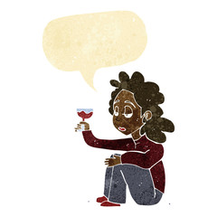 cartoon unhappy woman with glass of wine with speech bubble