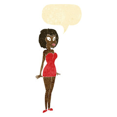 cartoon surprised woman in short dress with speech bubble