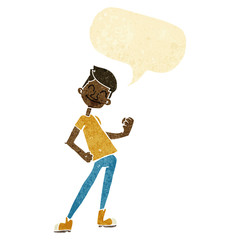 cartoon celebrating man with speech bubble