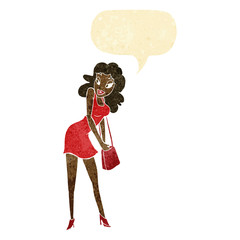 cartoon woman looking in handbag with speech bubble