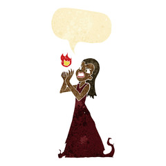 cartoon witch woman casting spell with speech bubble