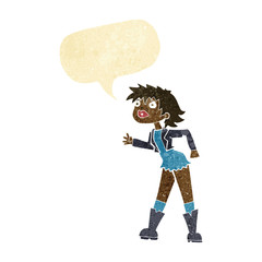 cartoon girl in leather jacket with speech bubble