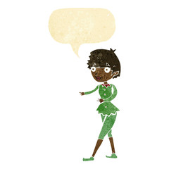 cartoon christmas elf woman with speech bubble