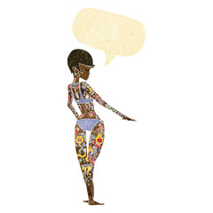 cartoon bikini girl covered in tattoos with speech bubble