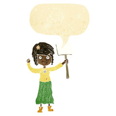 cartoon hippie girl with protest sign with speech bubble