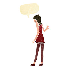 cartoon woman waving with speech bubble