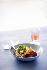 Roast chicken meal with vegetables and mash potato