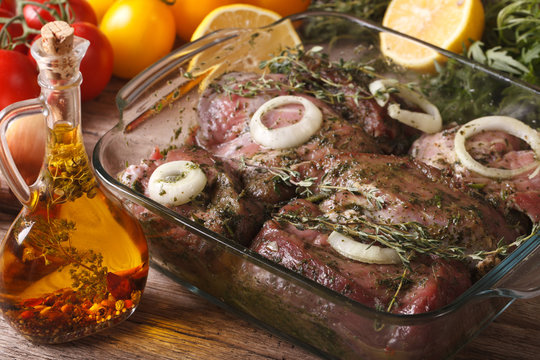 Raw Meat Marinated In Green Herb Close Up In A Bowl. Horizontal
