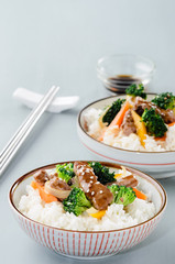 Wok fried beef vegetables and rice