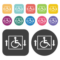 Disability man wheel chair elevator icons set. Vector Illustrati