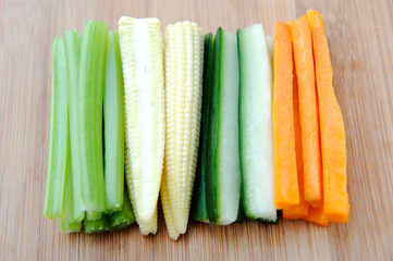 Raw vegetable sticks, carrot cucumber corn celery