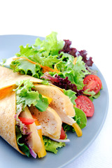 Chicken wrap on plate with side salad