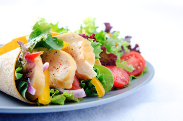Chicken wrap on plate with side salad