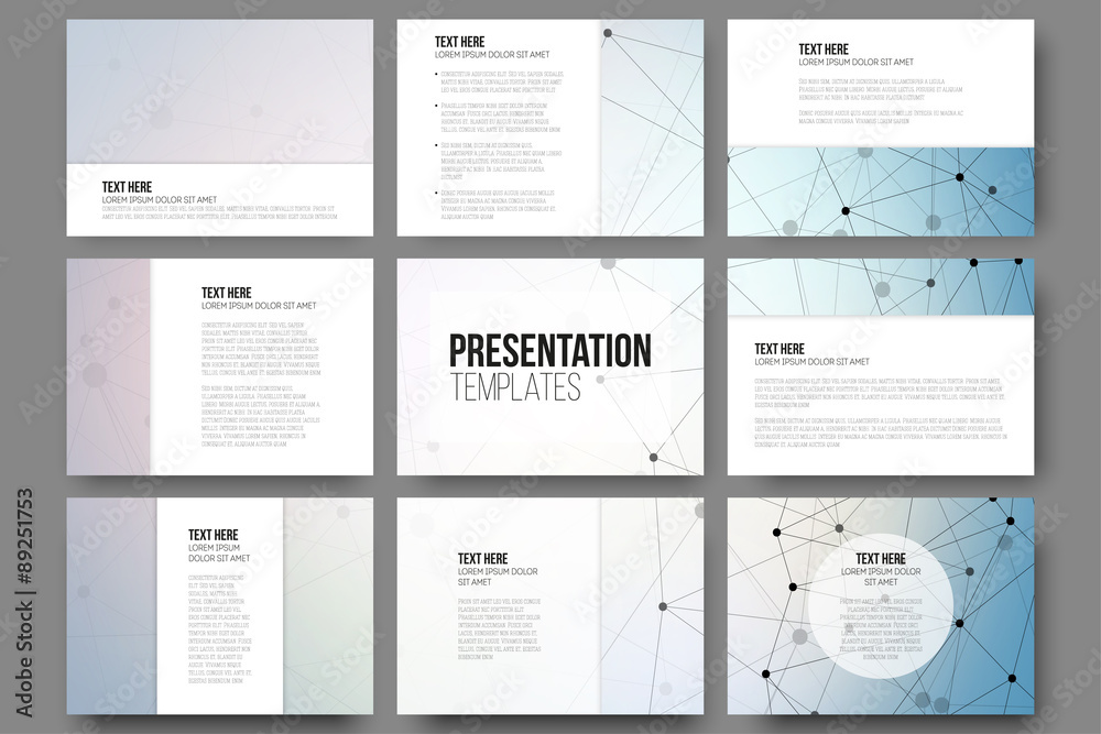Poster set of 9 vector templates for presentation slides. molecule