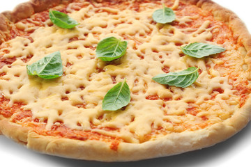 Cheese pizza with basil close up