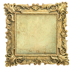 Antique golden picture frame with canvas on white background