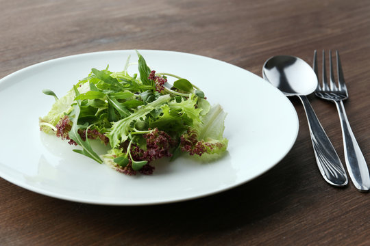 Plate of fresh mixed green salad on wooden table close up