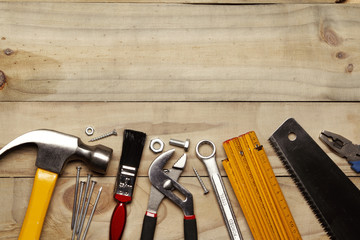 Tools on wood. Copy space