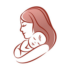 Mother with her baby, outline vector silhouette.