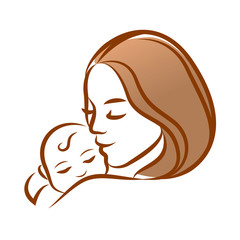 Mother with her baby, outline vector silhouette.