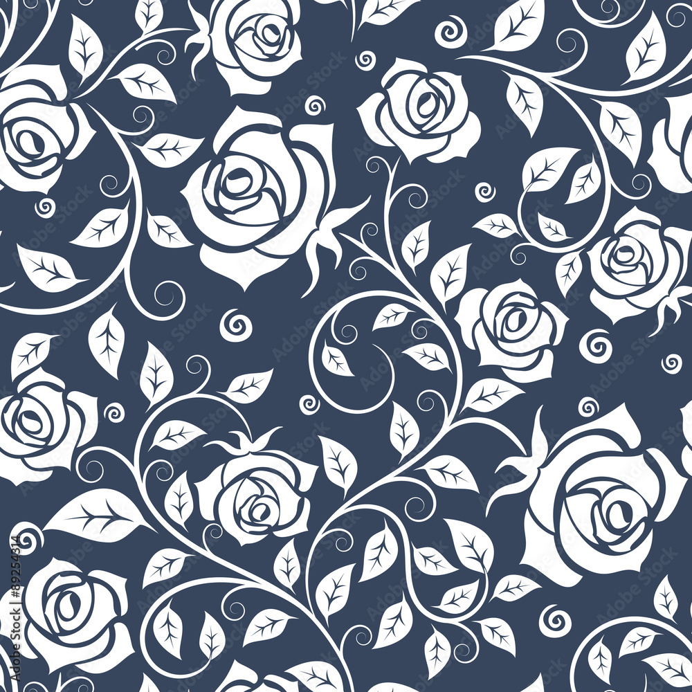 Poster white and gray roses seamless pattern