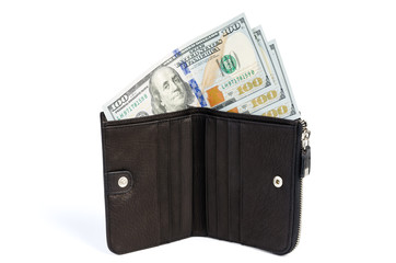 New american money dollars in leather purse isolated