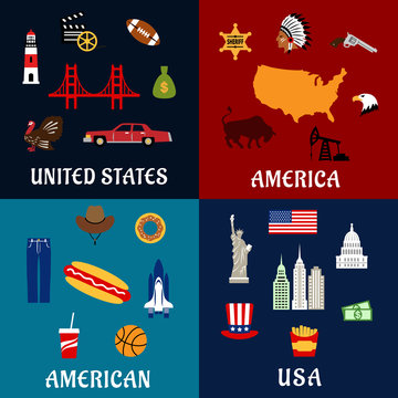 USA travel and american flat icons