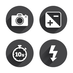 Photo camera icon. Flash light and exposure.