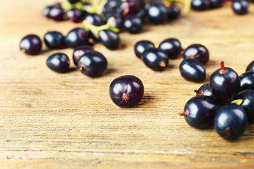 Ripe black currants on wooden background