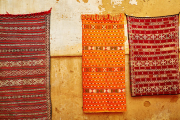 Selection of traditional carpets on Moroccan market