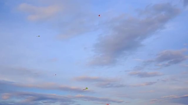 view of flying kites against pink white clouds in blue sky	