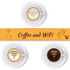 Coffee cups and wifi symbol 