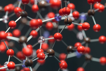 Molecular, DNA and atom model in science research lab
