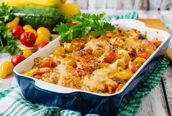 Vegetarian Vegetable casserole with zucchini, mushrooms and cherry tomatoes