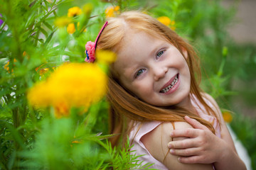 Fototapeta premium Close up, portrait of little red headed girl