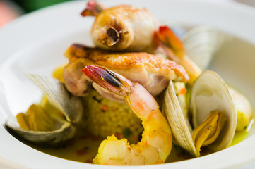 Shrimp and clam seafood appetizer on a white plate.