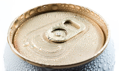 wet aluminum can with drink, close-up of top