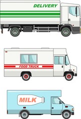 Set of different cars: food truck, delivery and milk cars